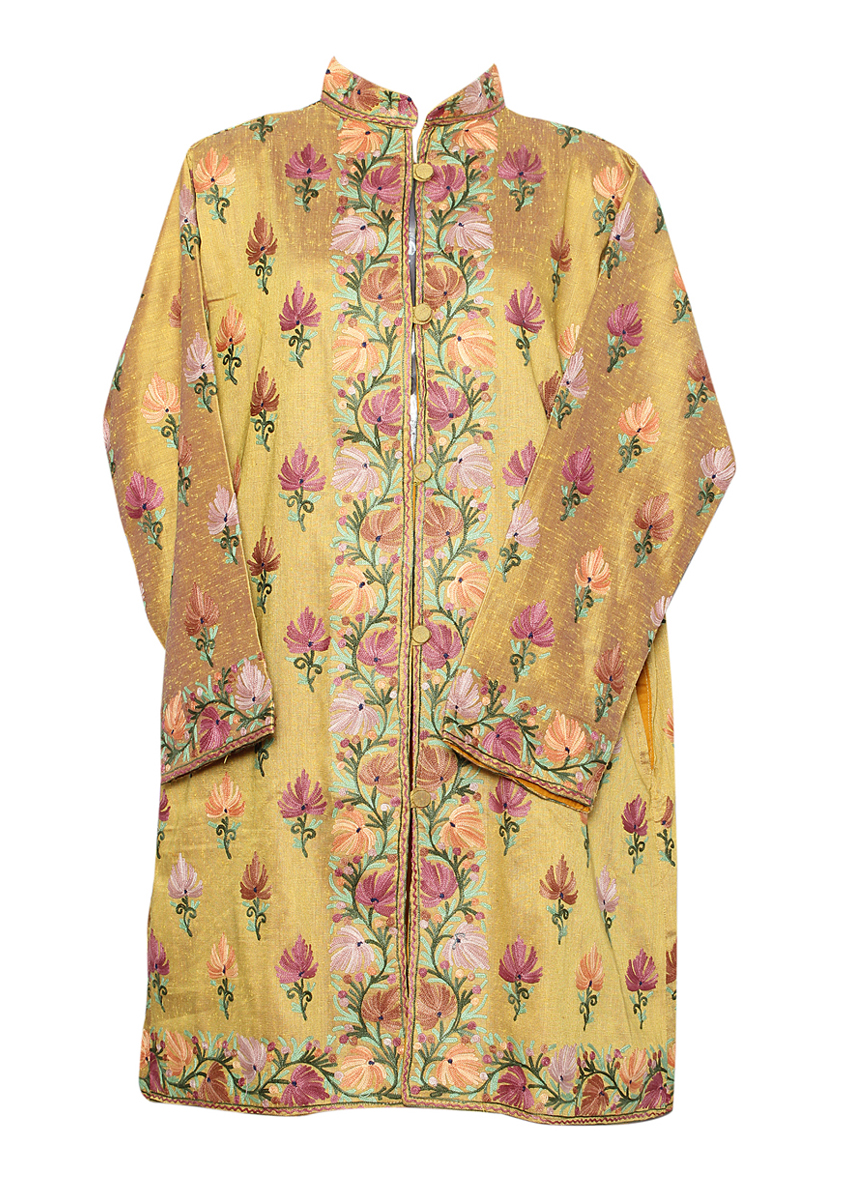 yellow silk kashmiri long jacket | Kashmir Market