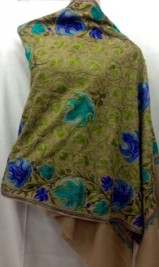 cream stole with blue and green chinar design | Kashmir Market